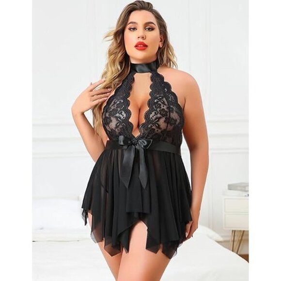Avidlove Plus Size 16W High Waist Deep V Lace Babydoll Chemise With Mesh Skirt - Picture 2 of 7